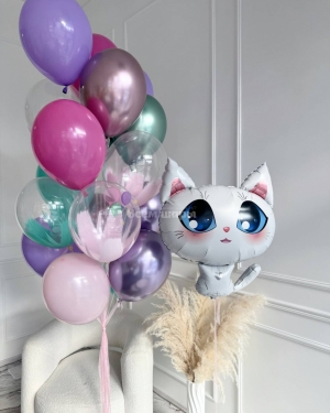 Шары девочке на день рождения разноцветные с кошкой