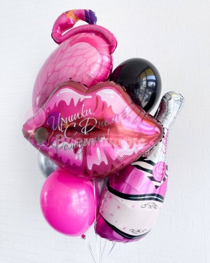 Букет шаров для девушки Фламинго и шампанское