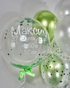 Воздушные шары с перьями, конфетти и надписью на выписку для мальчика